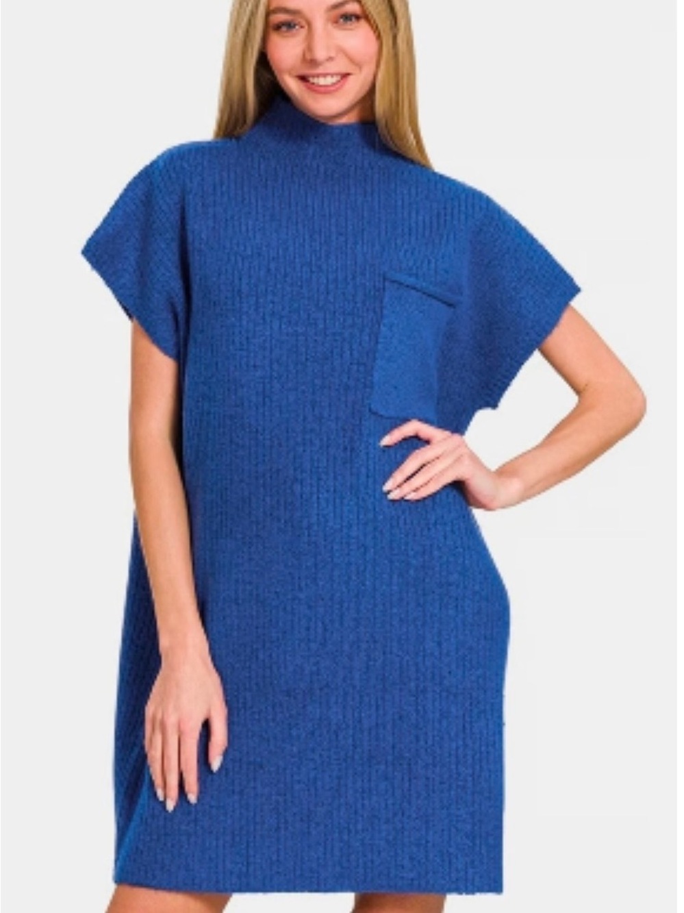 Zenana Blue Knit Ribbed sweater Dress